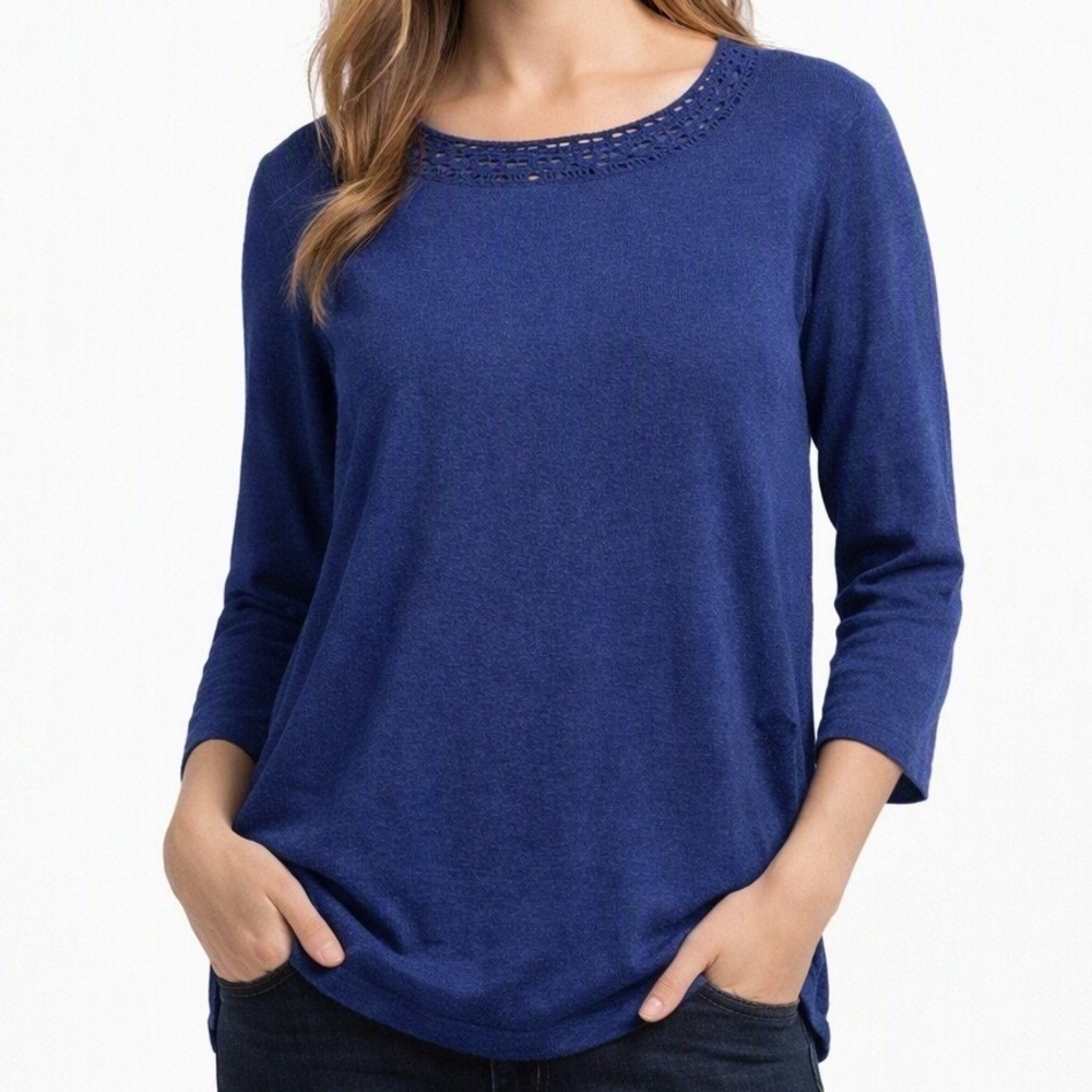 Talbots Petites Blue Linen Crochet Neck 3/4 Sleeve Knit Pullover Sweater Size SP